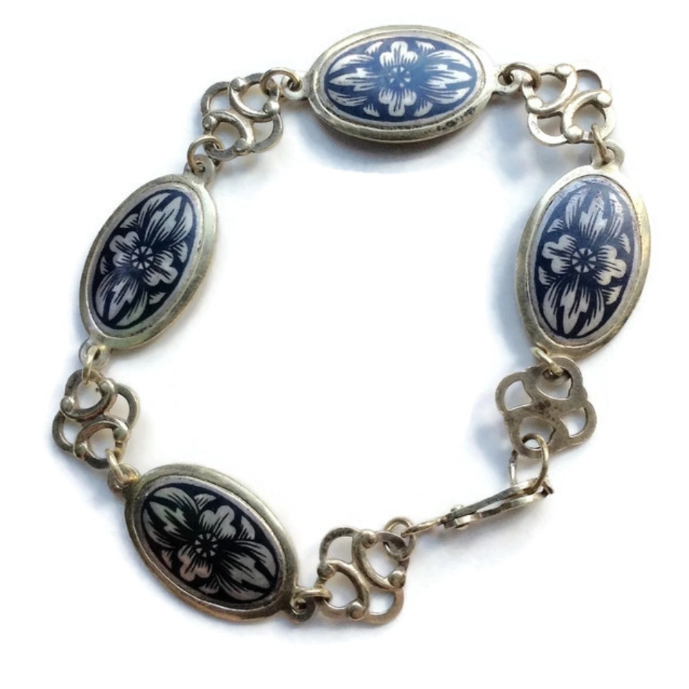 Russian Niello Floral Bracelet Sterling Sil Enamel
